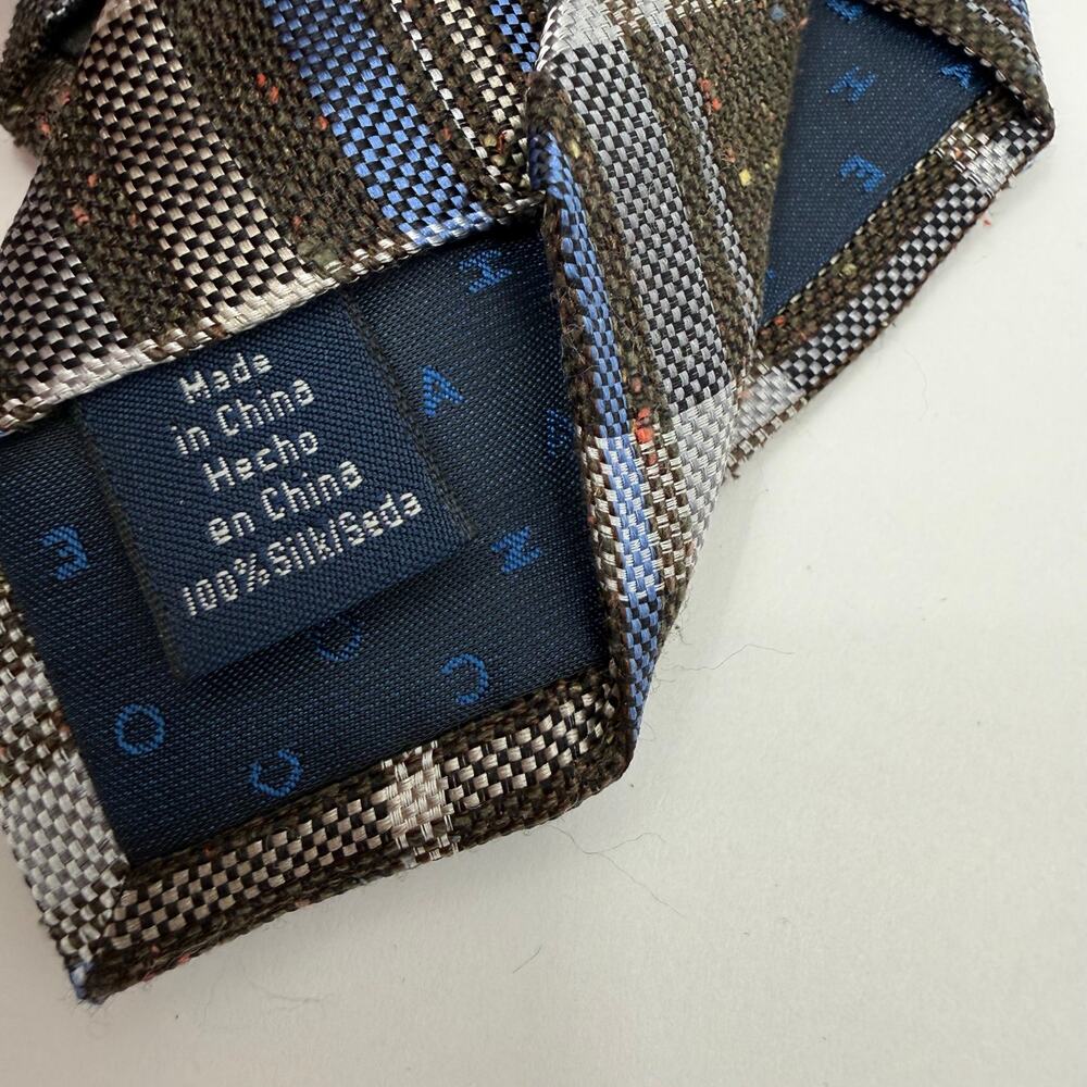 Cole Haan Tie Men’s brown blue plaid 100% silk textured Tweed Menswear Office - Picture 4 of 11
